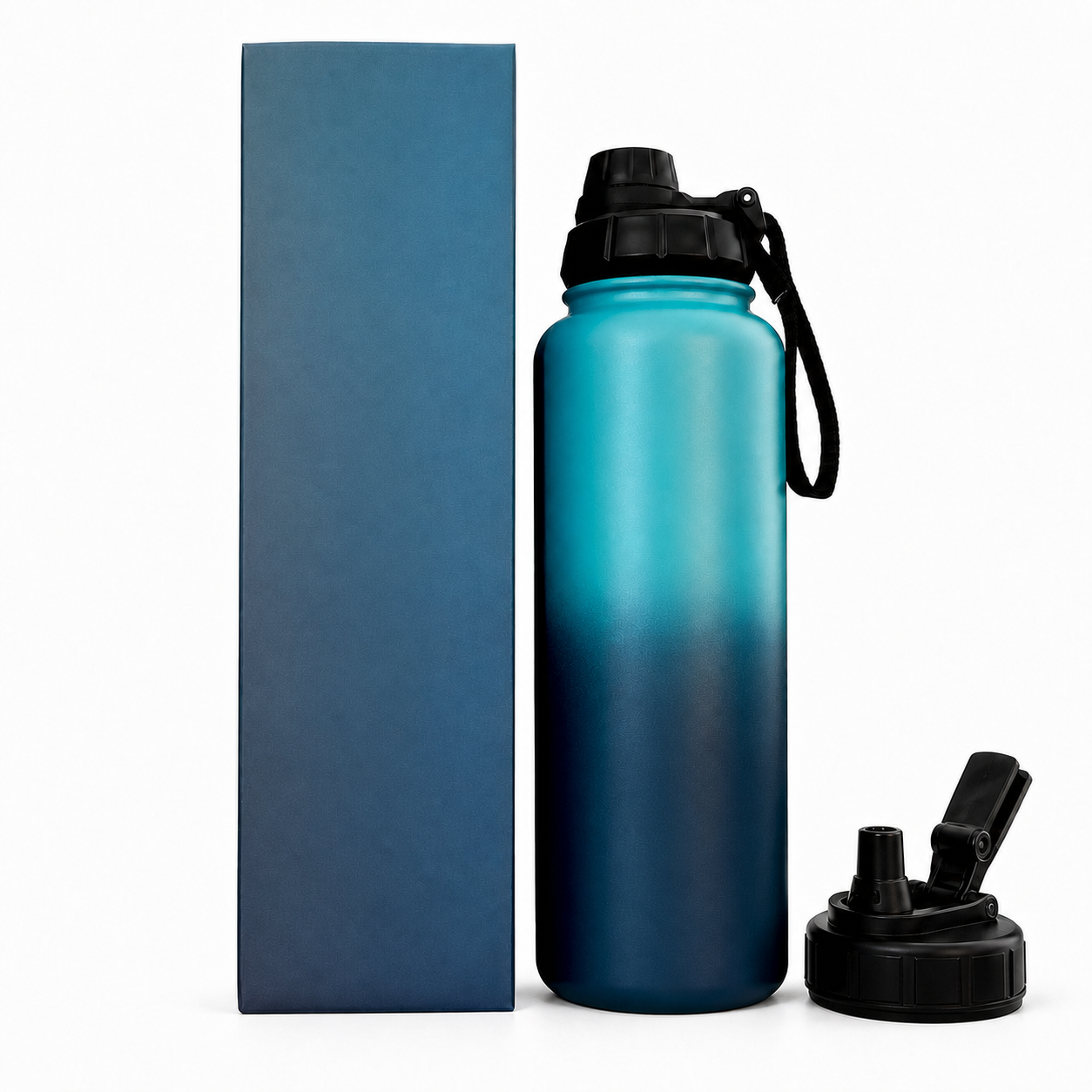 1.2 litre insulated water bottle in ocean blue with two lids
